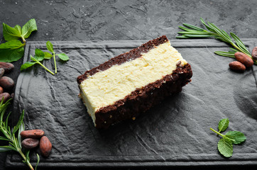 A piece of sweet cheesecake. Top view. Free space for your text.