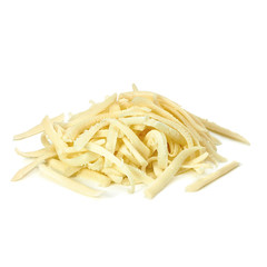 Grated parmesan cheese pile from top isolated on white background