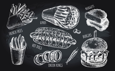 Ink hand drawn set of various burgers, hot dog, greek gyros, French fries, nuggets.  Fast Food elements collection for menu or signboard design. Vector illustration. - 347474338
