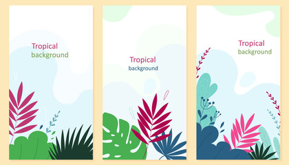 Tropical background. Vector set of backgrounds in cartoon flat style.