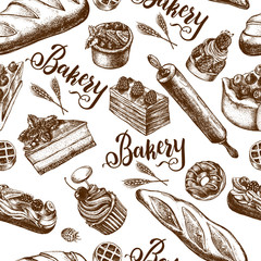Decorative seamless pattern with Ink hand drawn cakes, pastries, bread. Food elements texture for your design. Vector illustration. - 347475737