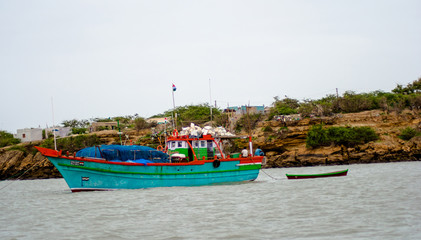 Naklejka na ściany i meble ferry boats sail on the sea from okha to dwarkadhish temple Gujarat India 