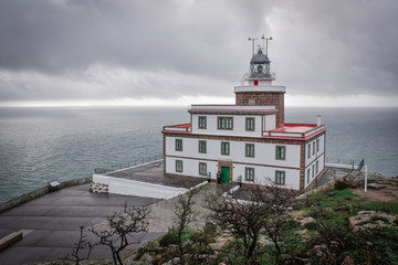 Fototapeta na wymiar View from above Finisterre Lighthouse, on the route of the Camino de Santiago. On a cloudy day, with the sea in the background. Galicia, Spain