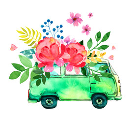 Retro watercolor green car with flower decor. Summer spring hand draw vintage bus