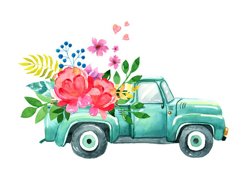 Vintage watercolor turquoise truck, spring summer illustration of old retro car with flower, leaves, heart