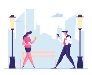 Business People Use Mobile Phones while Walking at Work on City Street. Woman Drinking Coffee, Man Carry Jacket Reading Social Media News. Characters Use Smart Technology. Cartoon Vector Illustration