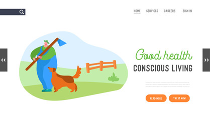 Farmer Walking Outdoors Landing Page Template. Young Man with Long Stick with Dog near his Leg. Shepherd Male Character, Villager, Seasonal Countryside Farm Work, Relax. Cartoon Vector Illustration