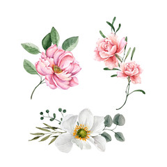 set of bouquets with pink and white flowers, watercolor illustration on a white background