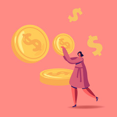 Successful Business Woman Carry Huge Gold Coin, Character with Money Cash. Rich Businesswoman Make Saving, Financial Profit Salary Wealth, Increasing Capital, Sales Funnel. Cartoon Vector Illustration