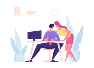 Businesswoman Character Gossip with r Man Sitting at Desk Working on Computer in Office. Company Employees Routine Teamwork Process. Colleagues Communicate Chitchat. Cartoon People Vector Illustration