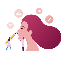 Doctor Surgeon Character Examining Patient Nose before Rhinoplasty Surgery, Drawing Line with Marker on Woman Face. Medical Aid, Healthcare, Cosmetology Concept. Cartoon People Vector Illustration
