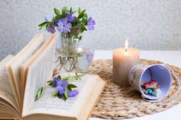 Obraz na płótnie Canvas An open book in the foreground with a periwinkle flower between pages. Vase with flowers. Burning candle.