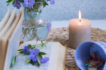 An open book in the foreground with a periwinkle flower between pages. Vase with flowers. Burning candle.