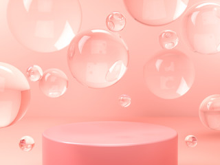 Pink round stage, pedestal or podium and water and glass bubbles or spheres in pink studio. Use for product identity, branding and presenting. Place your object or product on pedestal. 3d illustration