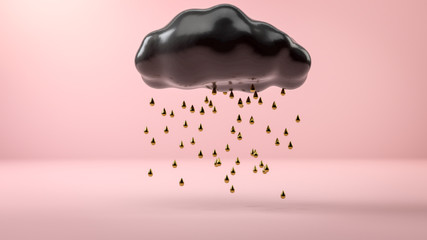 Abstract image of golden rain going from black cloud flying over pink background. 3d render. Background or mockup for cosmetics or fashion.