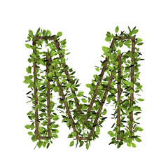 Leaf style letter m. 3D render of grass font isolated on white background