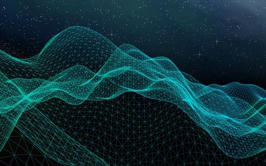 Fototapeta premium Abstract landscape on a dark background. Cyberspace grid. hi tech network. Outer space. Starry outer space texture. 3D illustration