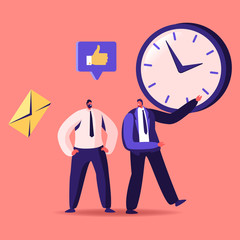 Time Management, Sales Funnel, Procrastination in Business. Businessman Character Point on Huge Clock to Colleague. Working Productivity Planning and Scheduling, Cartoon People Vector Illustration