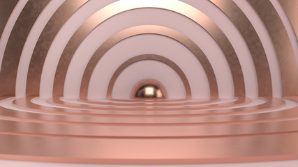 Abstract scene with golden and copper rings and disks over pink background. Perfect background for presenting, branding or identity of your product or company. 3d render