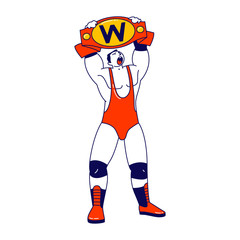 Male Character Wrestling Fight Winner Holding Golden Belt above Head. Sport, Show Performance, Combat on Professional Arena. Boxing or Greco-Roman Battle Competition. Linear Vector Illustration