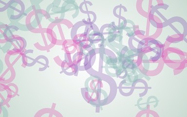 Multicolored translucent dollar signs on white background. Red tones. 3D illustration