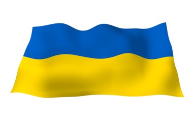 The flag of Ukraine on a white background. National flag and state ensign. Blue and yellow bicolour. 3D illustration waving flag