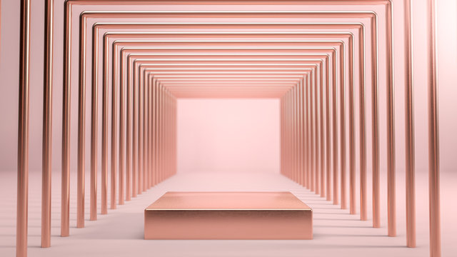 Abstract scene with golden square stage,podium or pedestal over pink background in tunnel made of golden shapes. B Cosmetics and fashion image. 3d render