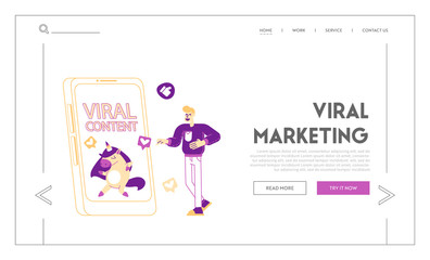 Viral Content Online Share and Broadcast in Internet, Entertainment Landing Page Template. Tiny Male Character Laugh with Funny Unicorn Dancing on Huge Smartphone Screen. Linear Vector Illustration