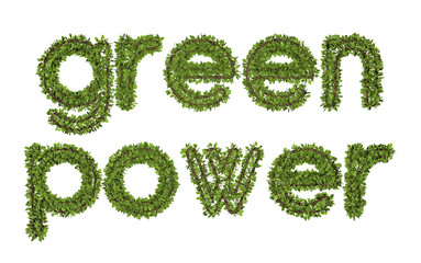 3D green power text on white background. Leaf style text.