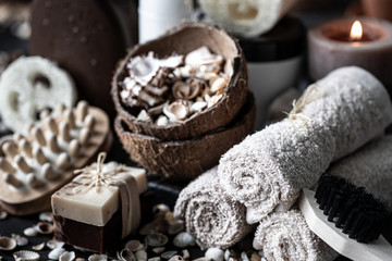 Spa skin care products in brown and white. Zero waste.