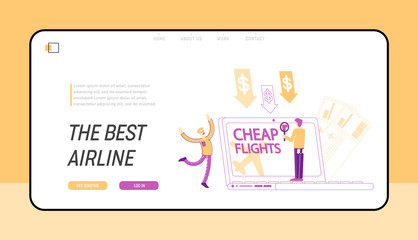 Cheap Flight, Economy Travel Landing Page Template. Tourism, Special Offer, Low Cost Airline Discounter. Tiny Male Characters Buy Airplane Tickets Online in Internet. Linear People Vector Illustration