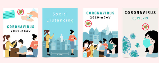 Naklejka premium Novel coronavirus background and covid-19 concept of people in city design to prevent the spread of bacteria, viruses.Vector illustration for poster