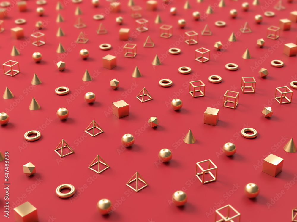 Poster abstract background with golden shapes and figures on red background. 3d render. backdrop with copys