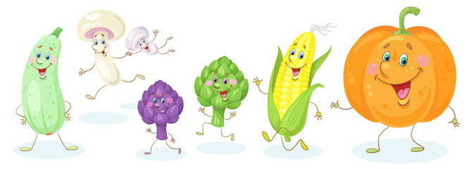 Set of funny vegetables. Pumpkin, corn, artichokes, champignons and zucchini. In cartoon style. Isolated on white background. Vector flat illustration.
