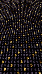 Fototapeta premium Bitcoin and currency on a dark background. Digital crypto currency symbol. Wave effect, currency market fluctuations. Business concept. 3D illustration