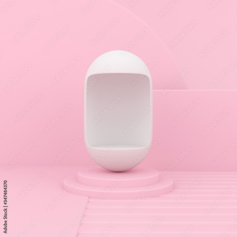 Poster Minimal abstract scene with round empty capsule as a podium, Architectural mock up design with geometric form in pastel color, Product presentation. 3D rendering.