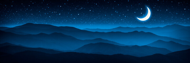 Fototapeta na wymiar Glowing Crescent Moon And Starry Sky Over Foggy Mountain Range