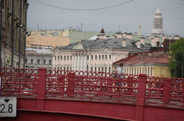 Red bridge view of the city 