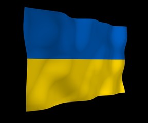 The flag of Ukraine on a dark background. National flag and state ensign. Blue and yellow bicolour. 3D illustration waving flag