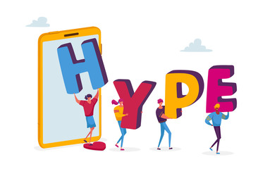 Tiny Male and Female Character Carry Huge Letters Go Out of Smartphone. Blogger Spread Hype Viral Info in Social Network, Ad Trends and News, Public Relations. Cartoon People Vector Illustration