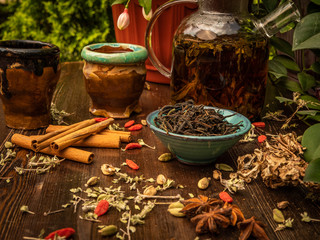 Preparation of the tea ceremony, tea in the bowl. Handmade cups