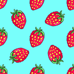 Vector pattern with strawberries and berries on a blue background.