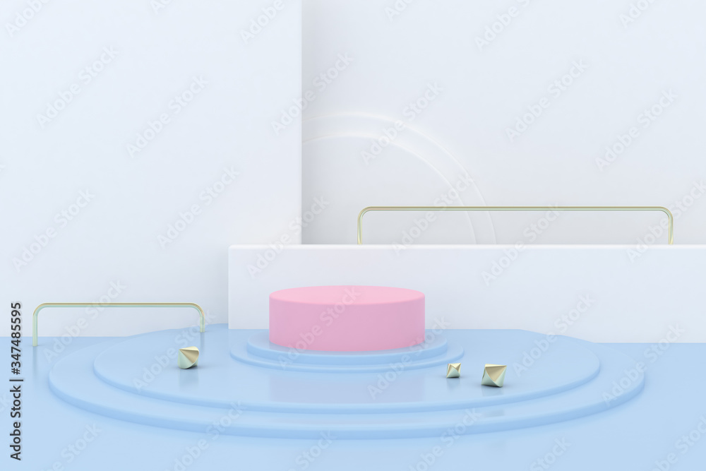 Poster Minimal abstract scene with round podium, Architectural mock up design with geometric form in pastel color, Product presentation. 3D rendering.