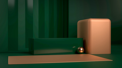 Copper or golden figures and podium on dark green background. Background or mockup for your product or object. Use for product identity, branding and presenting. 3d render