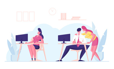 Office People Gossip and Discussing Female Colleague Sitting nearby on Desk with Computer. Man and Woman Business Characters Viciously Smiling and Giggle, Human Envy. Cartoon Vector Illustration