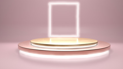Abstract scene with light portal and golden stage, podium or pedestal in pink studio.  Use for cosmetics, food, beverage, entertainment and fashion. 3d illustration.