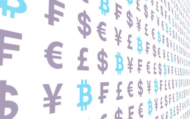 Bitcoin and currency on a white background. Digital crypto currency symbol. Business concept. Market Display. 3D illustration