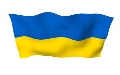The flag of Ukraine on a white background. National flag and state ensign. Blue and yellow bicolour. 3D illustration waving flag