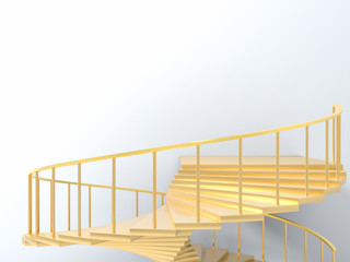 Golden spiral stairs with handrails against white wall in empty room. Concept or success, opportunities and achievement. 3d render