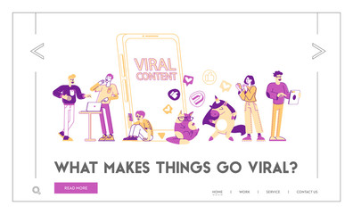 Viral Content Landing Page Template. Tiny Characters at Huge Mobile with Funny Unicorn and Cat. Social Media Blogging, Movie Streaming, Online Network Likes. Linear People Vector Illustration